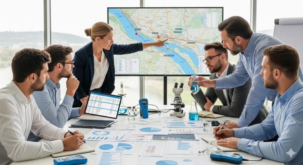 Group of experts discussing water quality monitoring results from instruments.