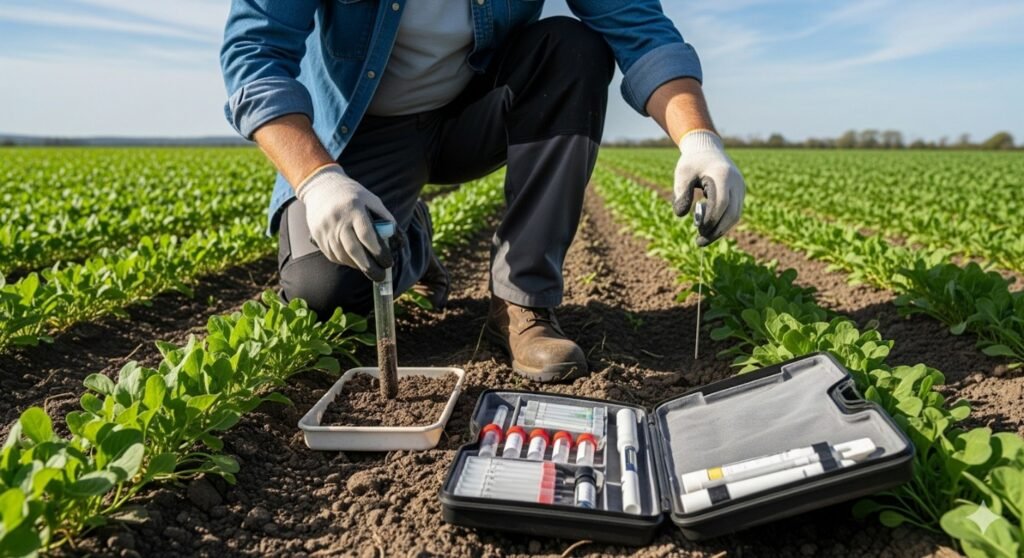 Farmer collecting soil samples in an agricultural field with soil testing instruments