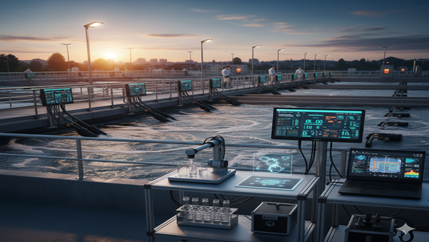 Wastewater monitoring equipment with sensors and real-time reporting modules.