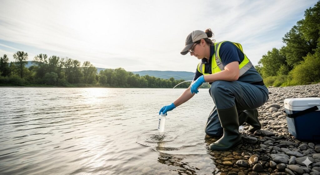 Technician using sampling bottle to collect river water for testing