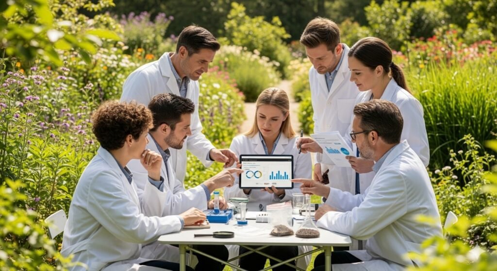 Experts reviewing soil quality report with instruments