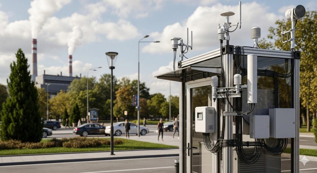 Urban air monitoring station tracking pollution levels using instruments
