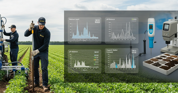 Portable soil analysis instruments in an agricultural field.