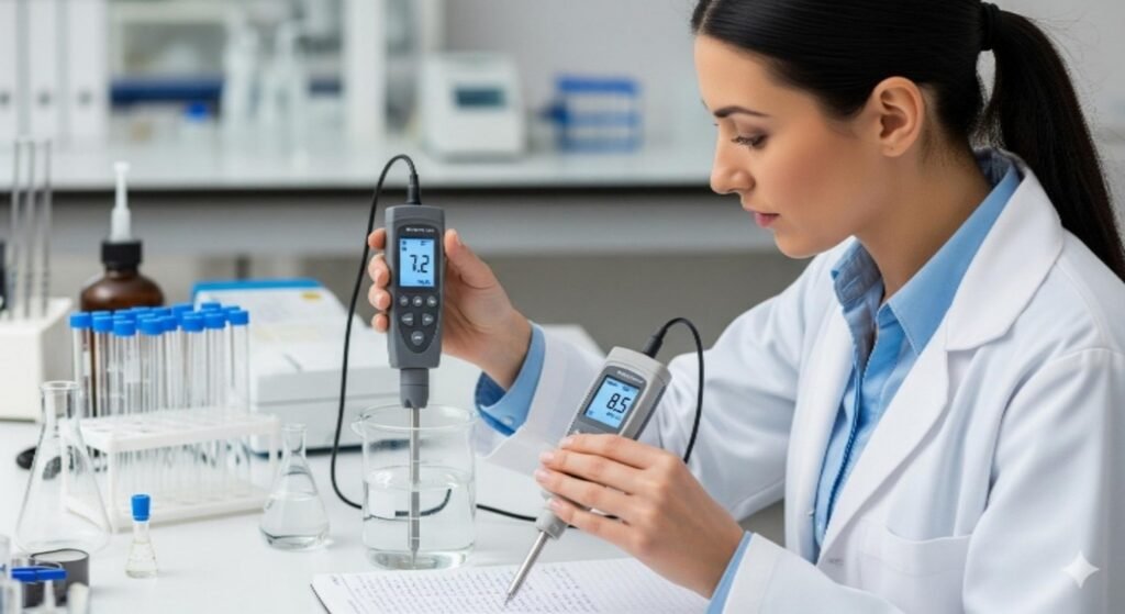 Scientist measuring pH and dissolved oxygen levels in water sample