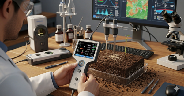 Farmland with digital soil testing devices overlaying nutrient data.