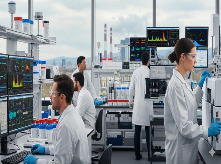 Laboratory analyzing chemical composition of air samples with instruments.