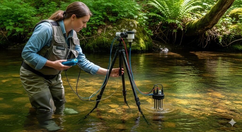 Specialist setting up a digital water quality sensor in natural environment