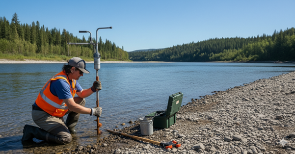 River sediment monitoring instruments with digital overlays.