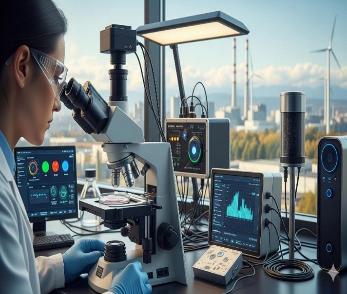 Air sample being examined under microscope with instruments.