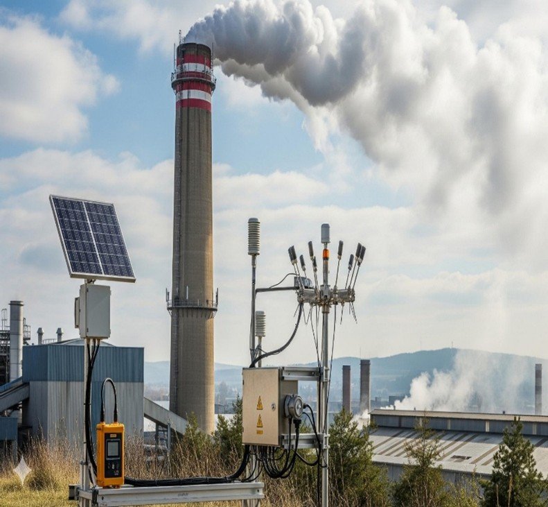 Industrial chimney emitting gases with monitoring instruments nearby.