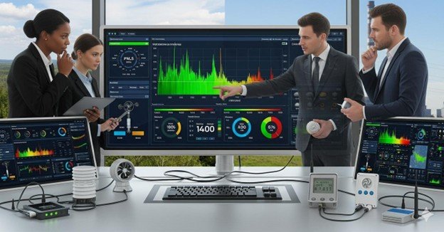 Environmental monitoring dashboard displaying air quality metrics from instruments.