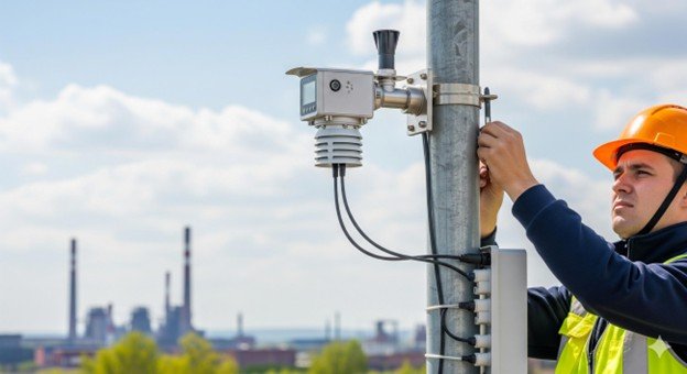 Technician setting up air quality monitoring sensor instruments.