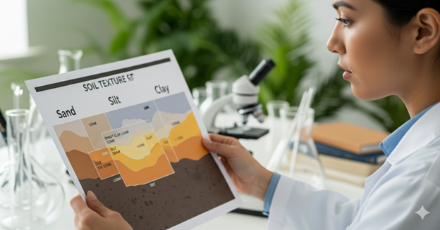 Soil texture chart with sand, silt, and clay measured with instruments.