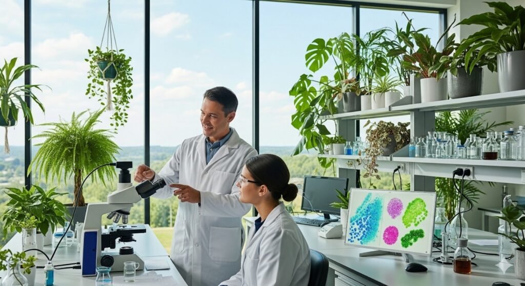 Soil microbial colonies under microscope with instruments.