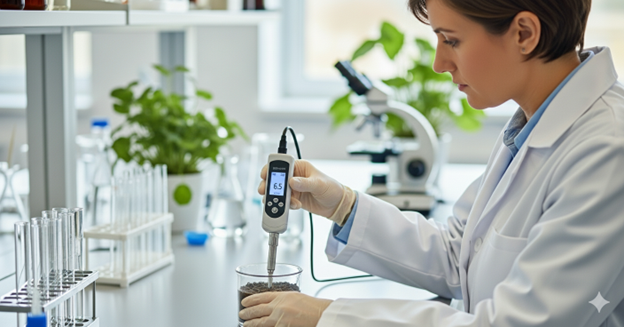 Scientist testing soil pH with digital soil instruments.