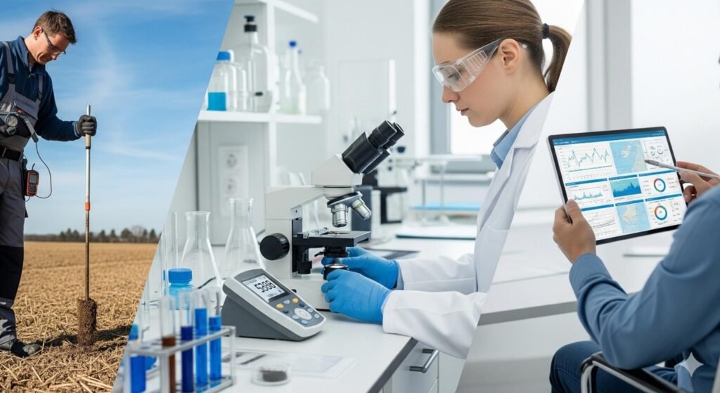 Workflow of soil testing from collection to reporting.
