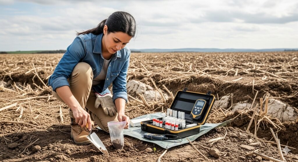 Eroded farmland with visible soil loss and monitoring instruments.